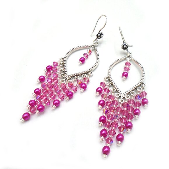 GORGEOUS! FUCHSIA CRYSTAL CHANDELIER Earrings Antique Silver - Picture 1 of 3